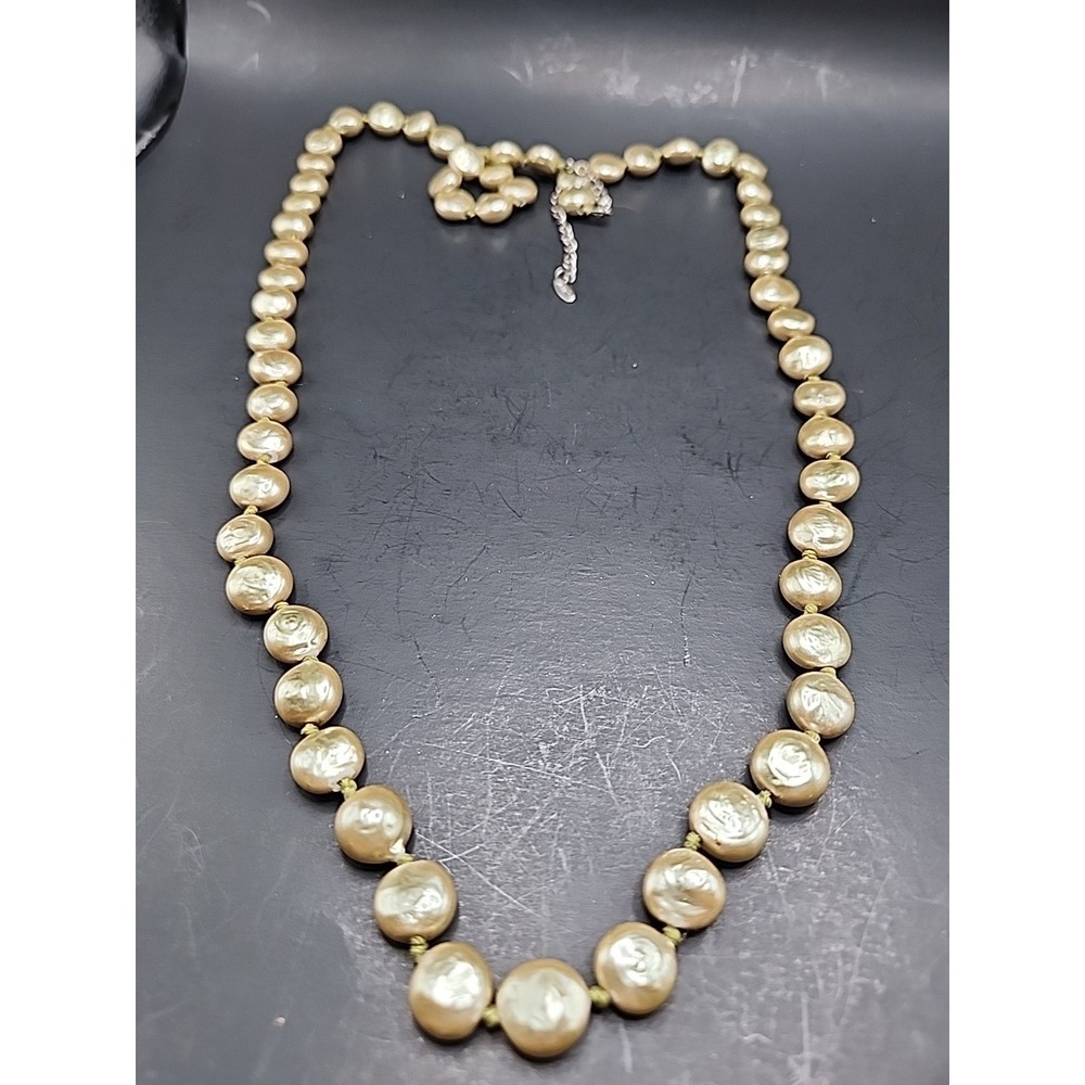 Vintage Signed VCLM Champagne Colored Knotted Faux Pearl Necklace 39"‎